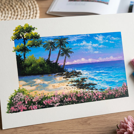 Handcrafted original oil pastel landscape painting of a tropical beach with vibrant ocean waves, pink flowers, and a creative 3D pop-out tree effect, A5 size 5.8x8.3 inches.