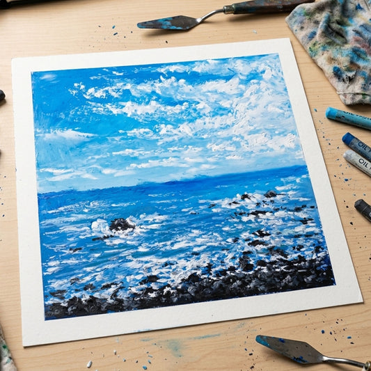 Handcrafted oil pastel painting of a rocky coastline with thick white crashing waves and a bright blue sky with clouds.