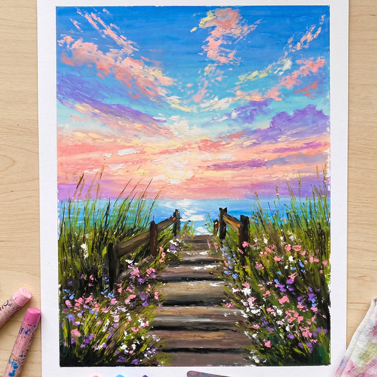 Handcrafted oil pastel painting of a wooden boardwalk leading to the ocean under a pastel pink and purple sunset sky.