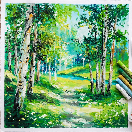 Handcrafted oil pastel painting of a sunlit birch forest with white trunks and vibrant green and yellow leaves.