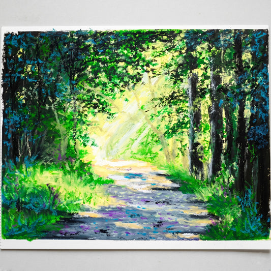 Handcrafted original oil pastel landscape painting of a lush green forest path illuminated by bright morning sunbeams, featuring vibrant greens and textured strokes, A5 size 5.8x8.3 inches.