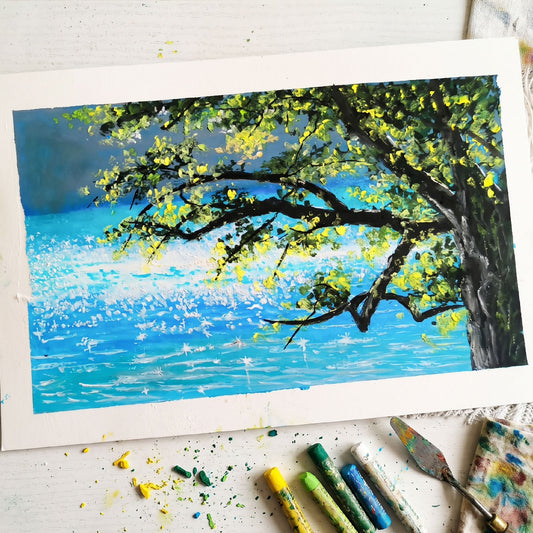 Handcrafted oil pastel painting of a tree branch overhanging bright blue sparkling water with textured white light reflections.