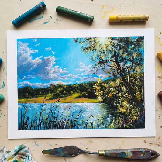 andcrafted oil pastel painting of a sunny lake with sparkling water, fluffy clouds, and sunlight shining through trees.